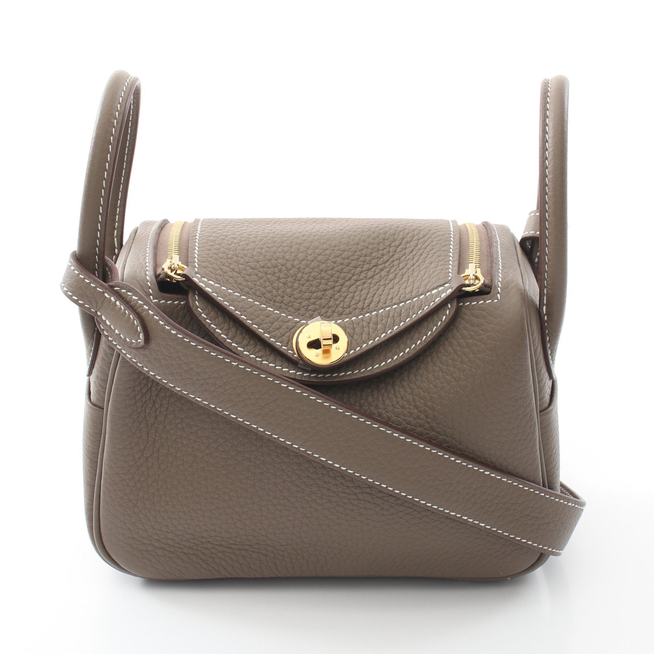 Hermes Hermes Lindy Mini Etoupe Shoulder Bag Clemence Leather Gray Brown Gold Hardware Double Engraved Size ONE SIZE - 1 Thumbnail