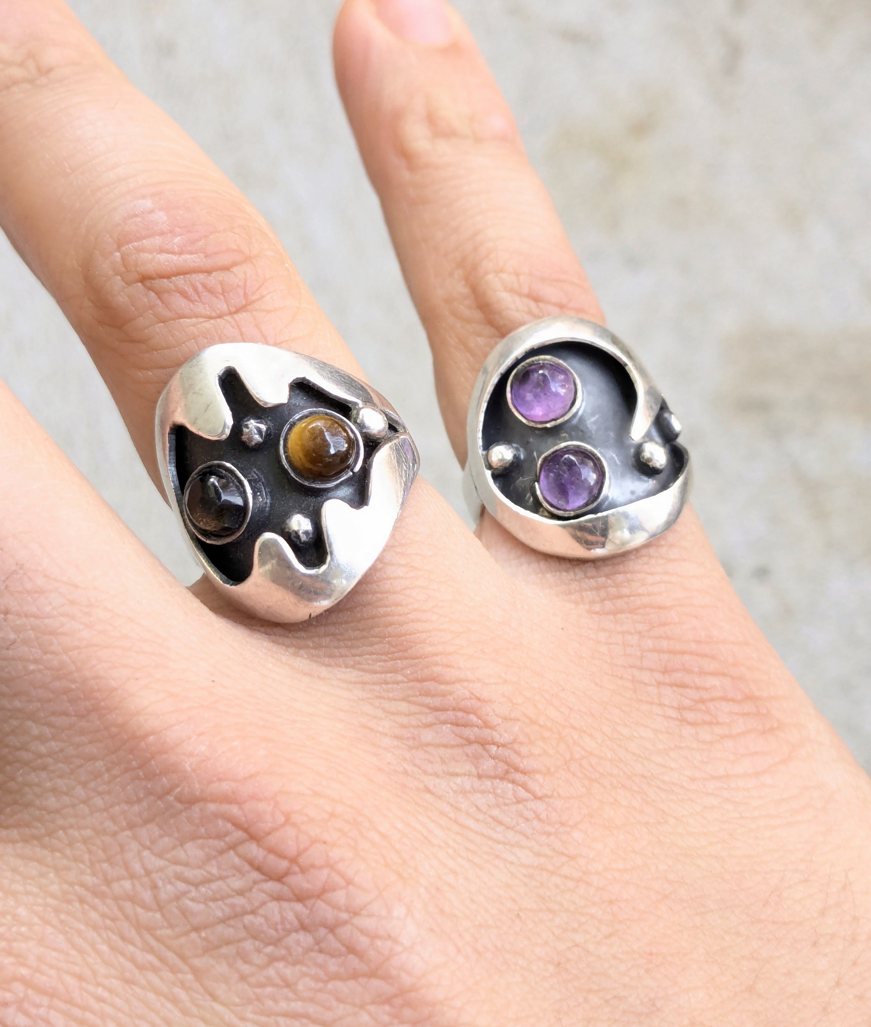 Jewelry Vintage Taxco Sterling Silver Rings Amethyst Tiger Eye Size ONE SIZE - 9 Thumbnail