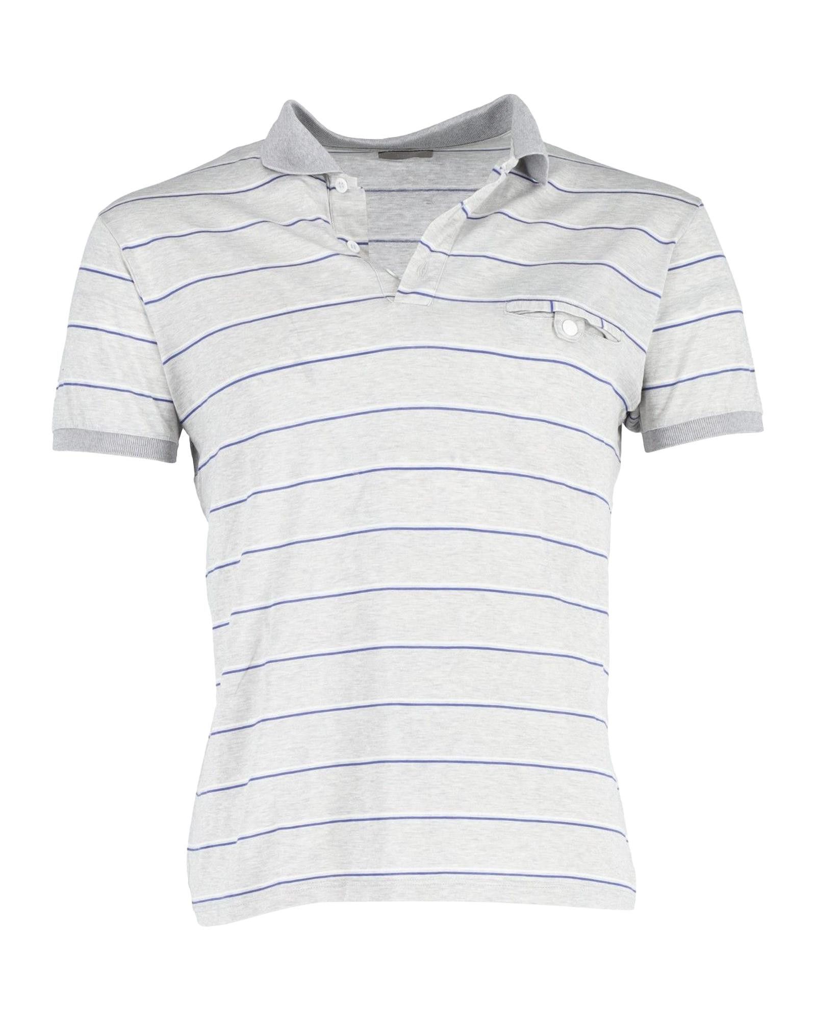 image of Dior Striped Cotton Polo Shirt With Chest Pocket in Grey, Men's (Size Small)