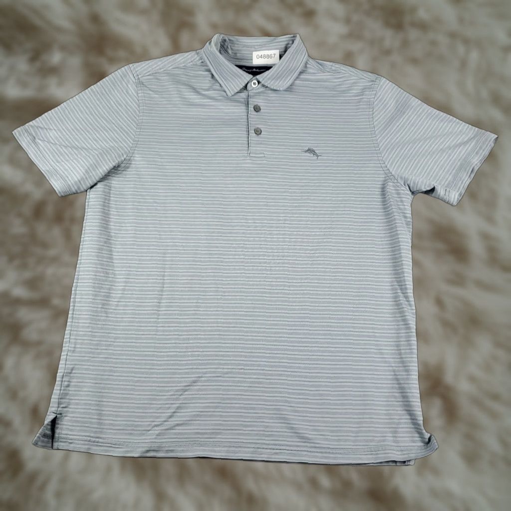 Tommy Bahama Tommy Bahama Gray Striped Polo Shirt Men’s Large Short Sleeve Casual Activewear Size US L / EU 52-54 / 3 - 1 Thumbnail
