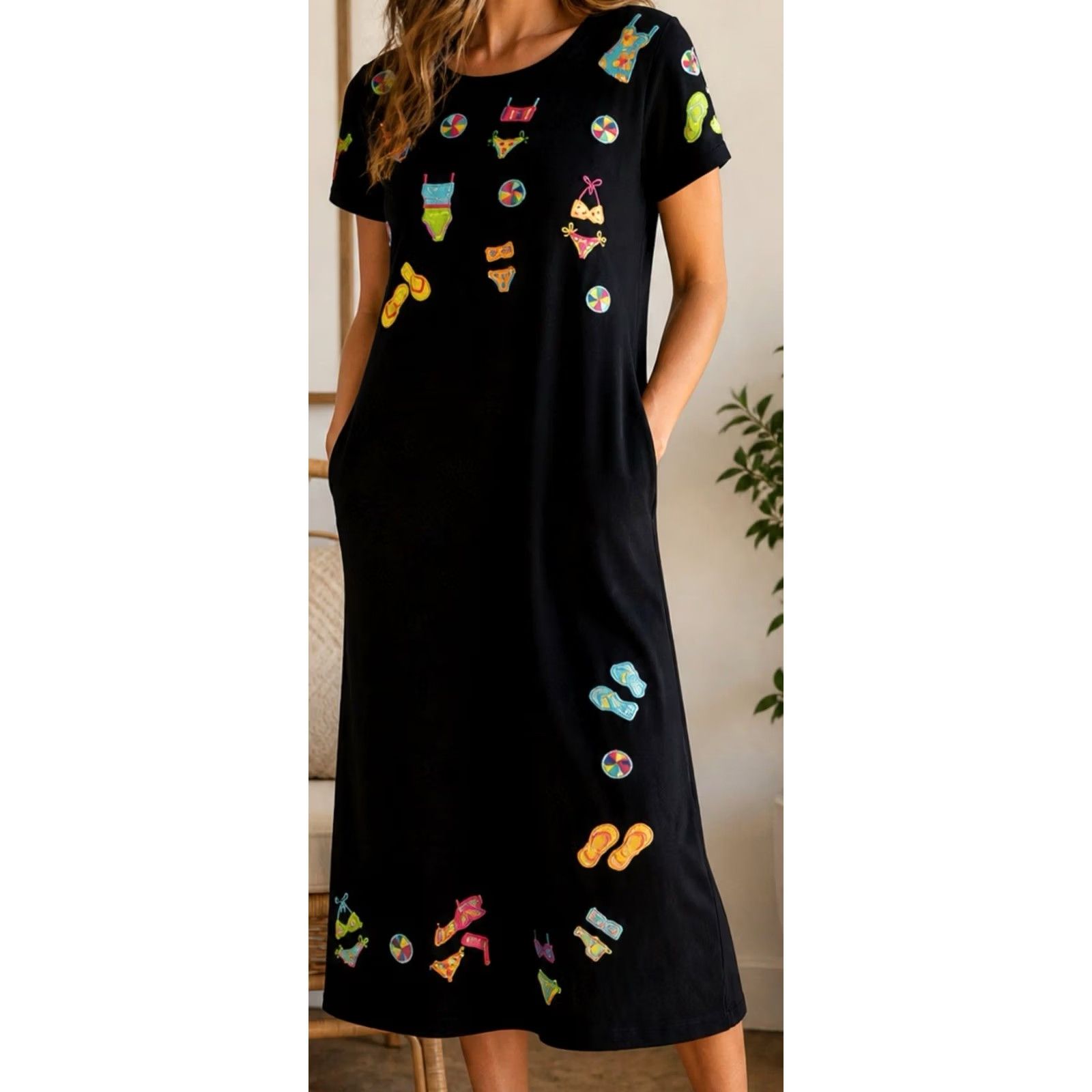 Simons Michael Simon Black Midi Dress Womens Small Beach Applique Novelty Art Cotton Dress Size S / US 4 / IT 40 - 2 Thumbnail