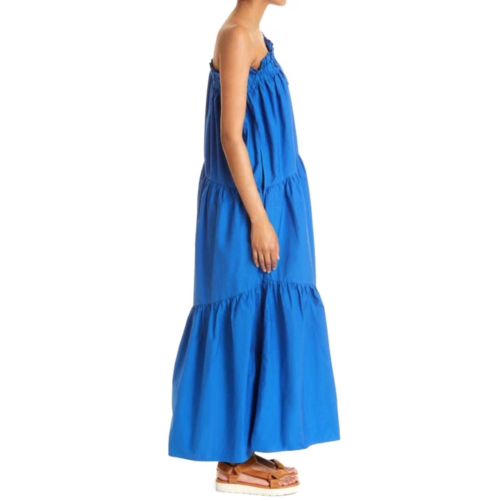 Xirena XIRENA Maisie Maxi Dress One Shoulder Cotton Poplin Blue Pockets Women's M Size M / US 6-8 / IT 42-44 - 3 Thumbnail