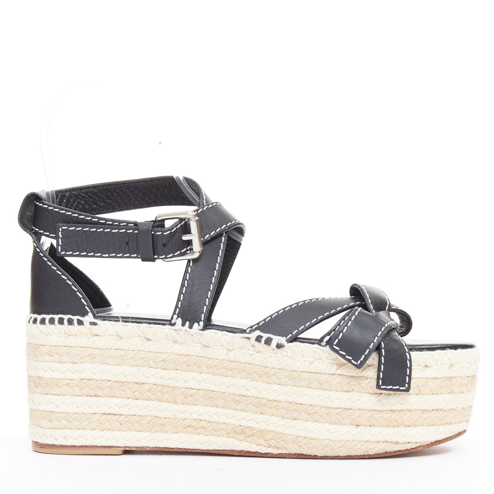 LOEWE Gate black overstitch calfskin striped espadrille platform wedged sandals EU40