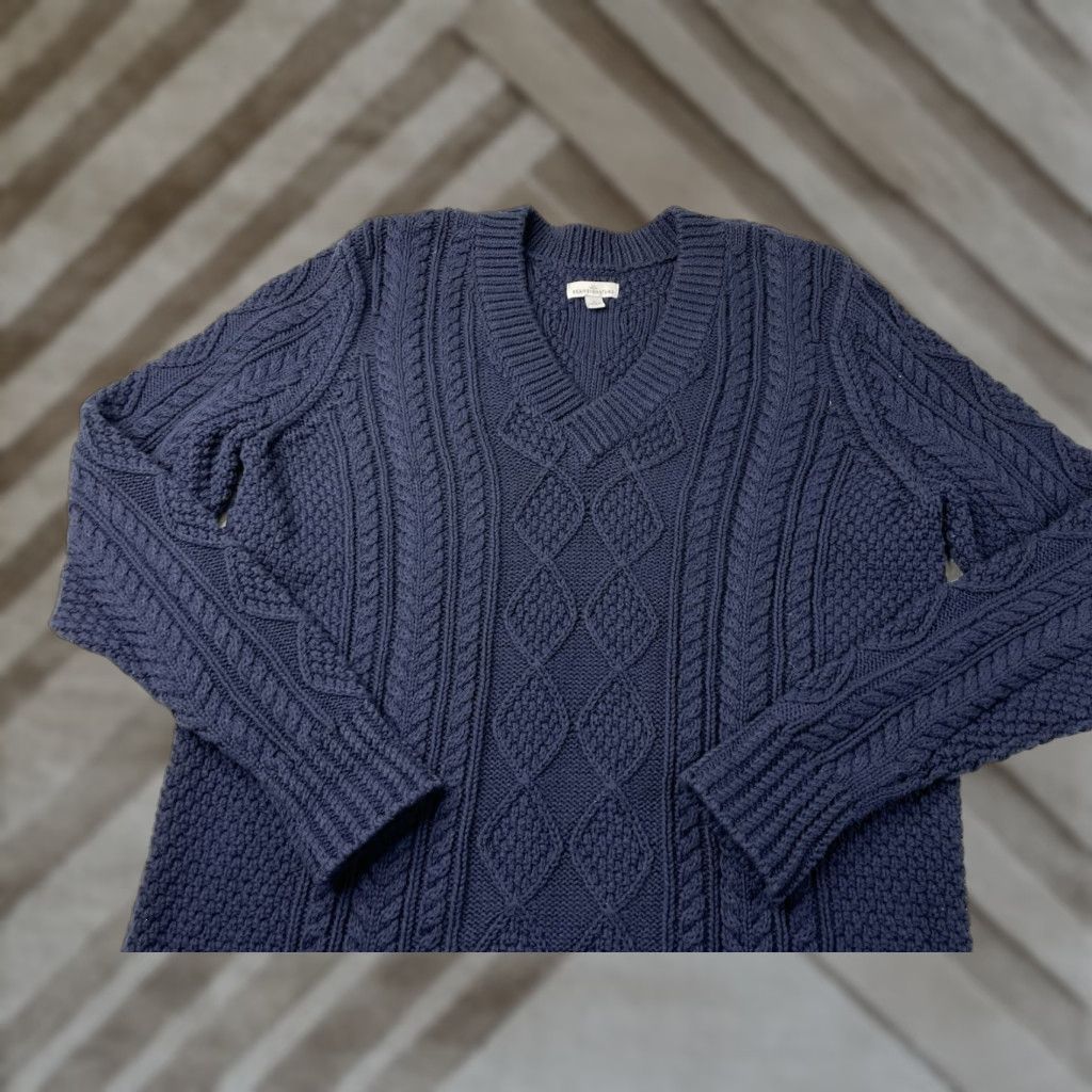 Vintage LL Bean Signature Womens Fisherman Sweater Large V Neck Navy Blue Preppy Size L / US 10 / IT 46 - 1 Thumbnail