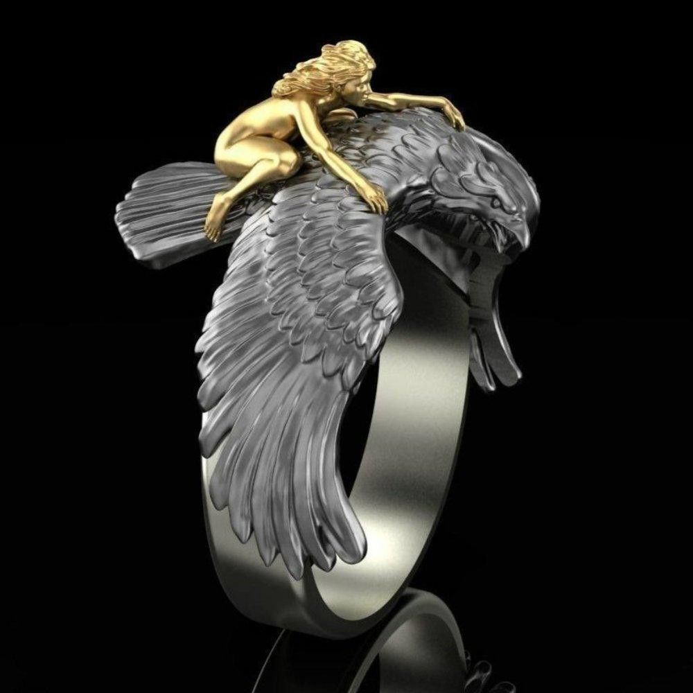 Designer Girl Flying on The Eagle Two Tone Punk Rock Ring - Size 9 Size ONE SIZE - 1 Thumbnail