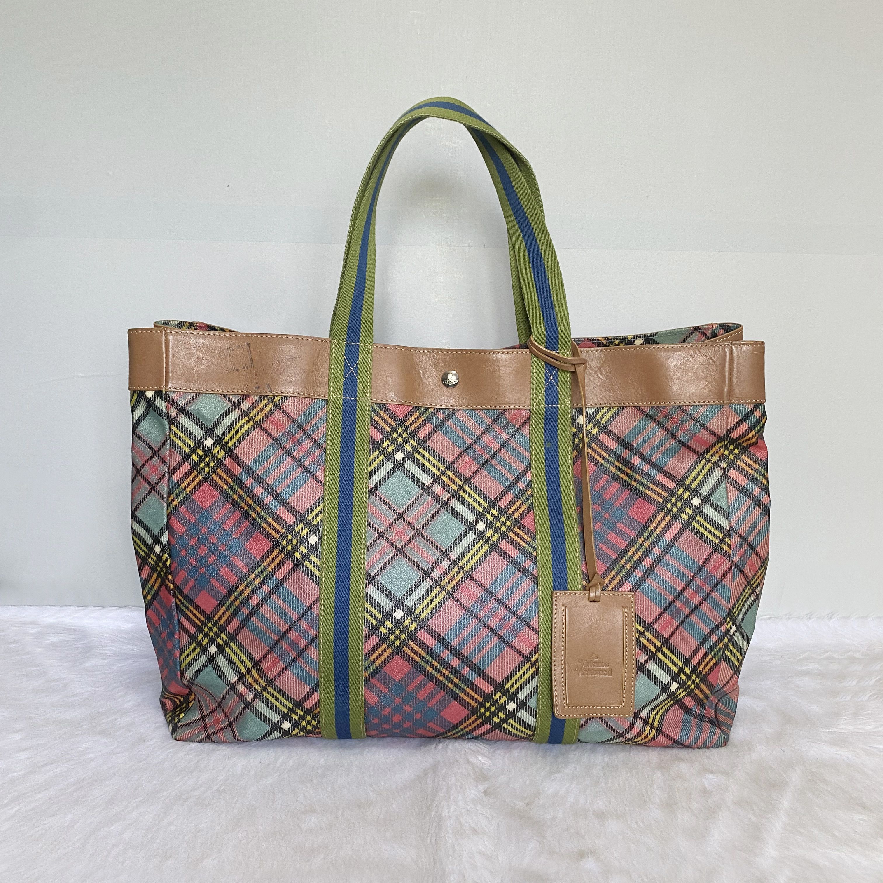 Vintage Check Leather Luggage Tote Bag