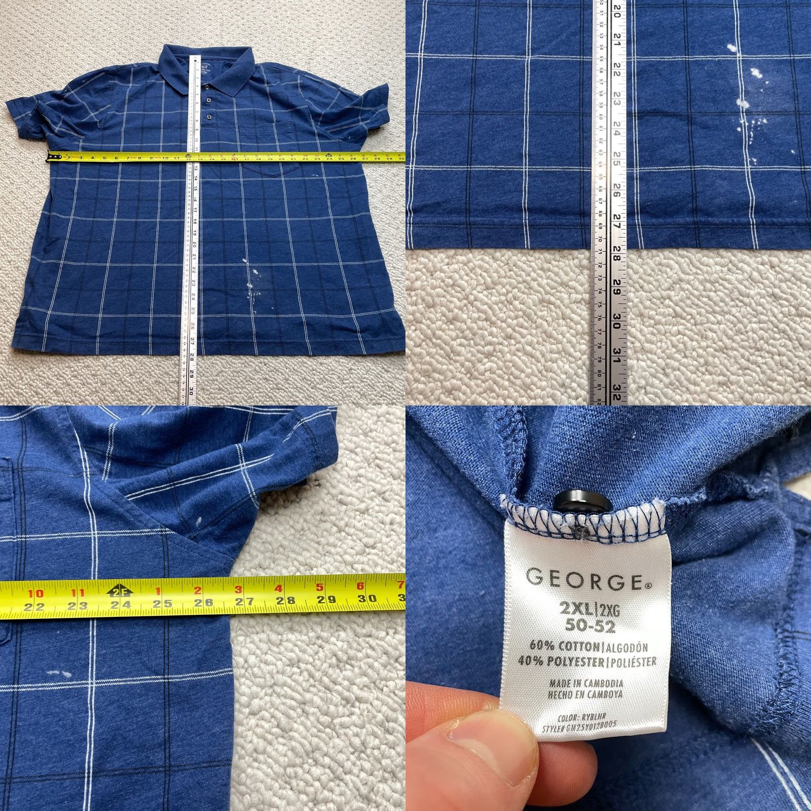 George George Polo Shirt Mens 2XL 2XL Blue Check Short Sleeve Polo Cotton Golf Rugby Casual Shirt Mens Size US XXL / EU 58 / 5 - 8 Thumbnail