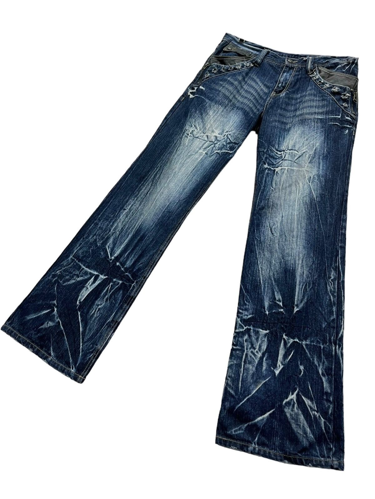 Beauty Beast × If Six Was Nine × Tornado Mart FYE🔥Vtg 90’s TRIXY Punk Studded Acid Wash Blue Flare Denim Size US 33 - 3 Thumbnail