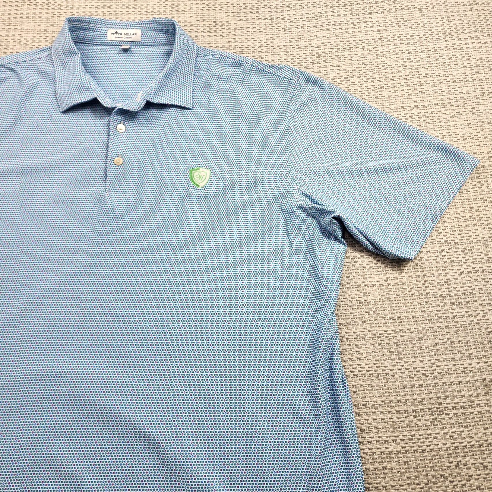 Peter Millar Peter Millar Polo Shirt Mens Large Summer Comfort Golf Logo Stretch Lightweight Blue Geometric 3-Button Classic Casual Sports Mens Size US L / EU 52-54 / 3 - 3 Thumbnail
