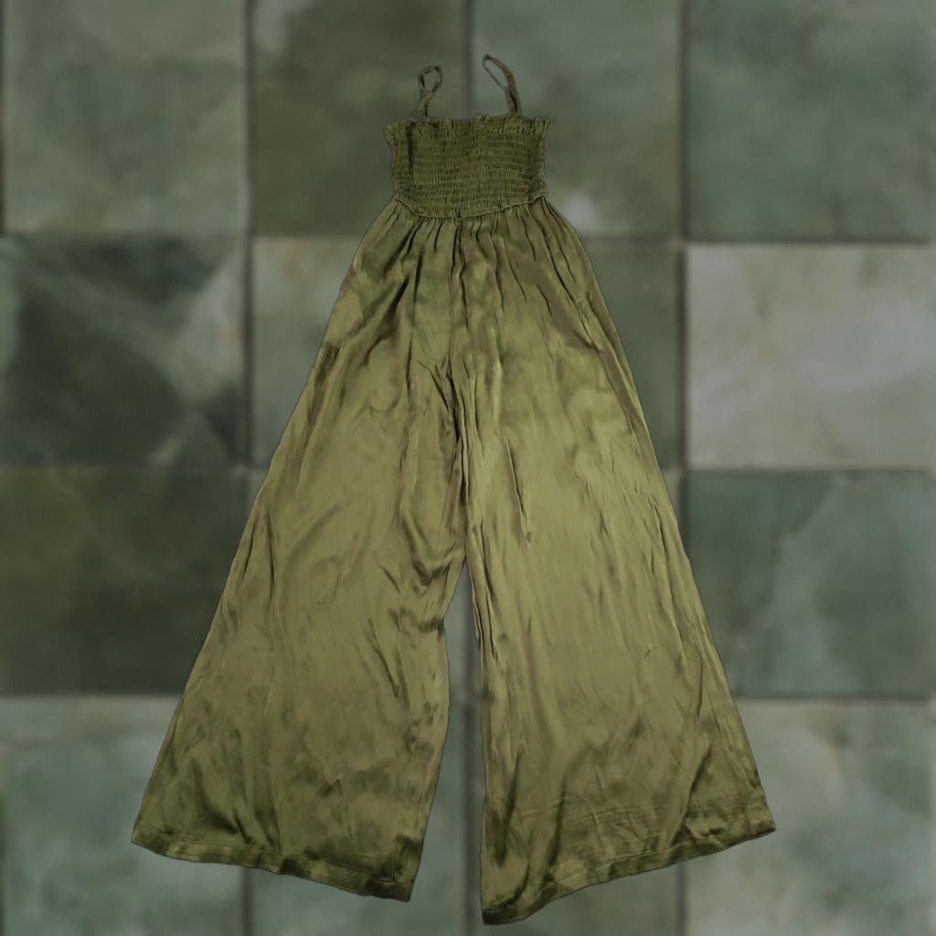 Vintage Pilcro Jumpsuit Small Tall Olive Green Smocked Wide Leg Anthropologie Womens Size 28" / US 6 / IT 42 - 1 Thumbnail