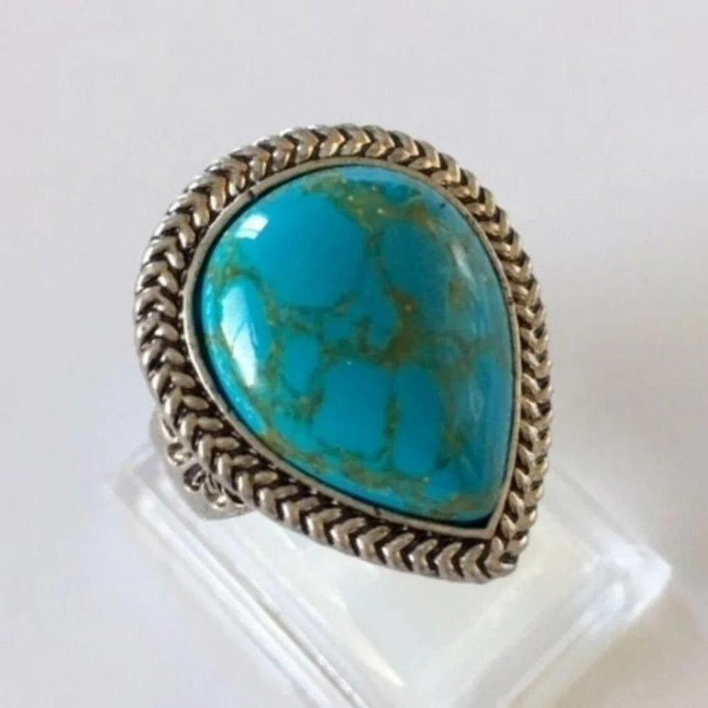 Other Big Tibetan Blue Turquoise Carved Flower Antique Silver Ring Size ONE SIZE - 3 Thumbnail