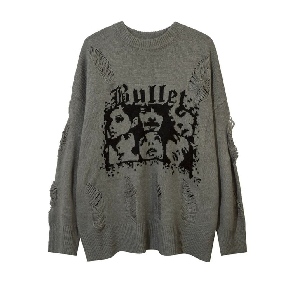 Men's face print round neck loose ripped sweater