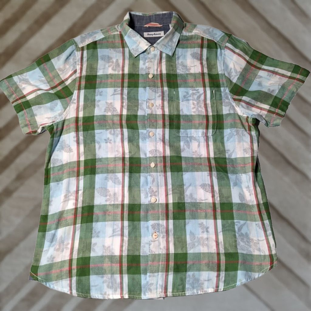 Tommy Bahama TOMMY BAHAMA Men L Button-Up Shirt Plaid Green Blue Floral Lined Cotton Short Sleeve Casual Travel Size US L / EU 52-54 / 3 - 1 Thumbnail