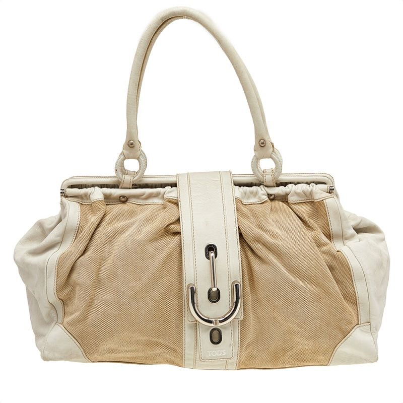 image of Tods Tod's Beige/ Off White Leather And Canvas Satchel in Black, Women's