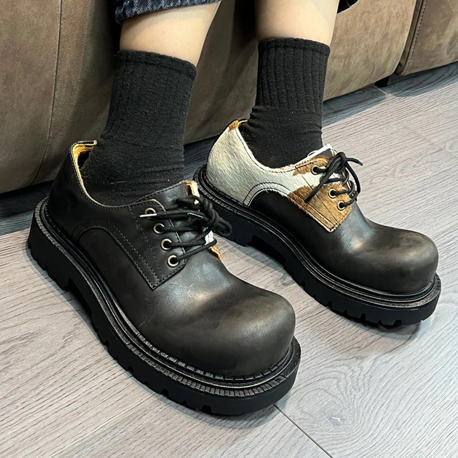 Leather Cream Cow-Texture Leather Derby Shoes Size US 7 / EU 40 - 6 Thumbnail
