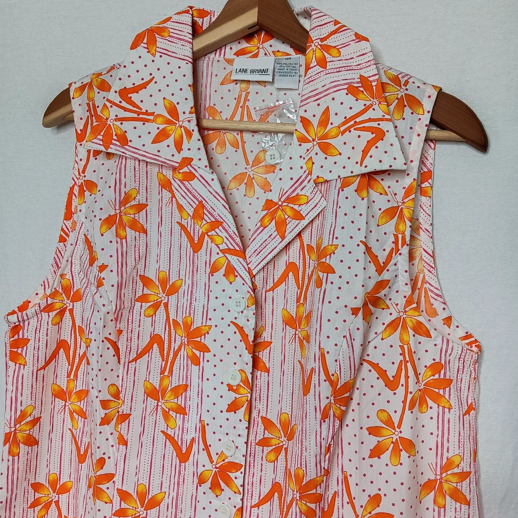 VINTAGE Lane Bryant Shirt Dress Sleeveless 14W White Orange Floral