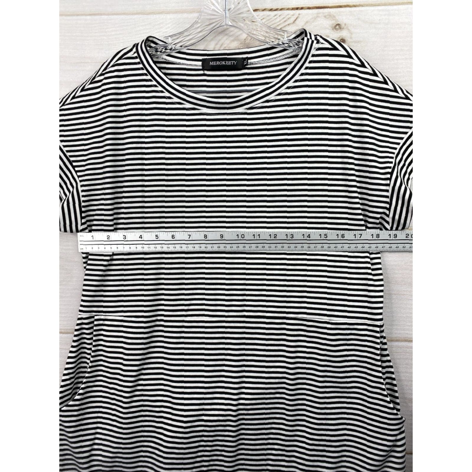 Vintage Merokeety Dress XL Black White Stripe Pockets Short Slv Belted Stretch Knit Dress Size 40" / US 18 - 3 Thumbnail