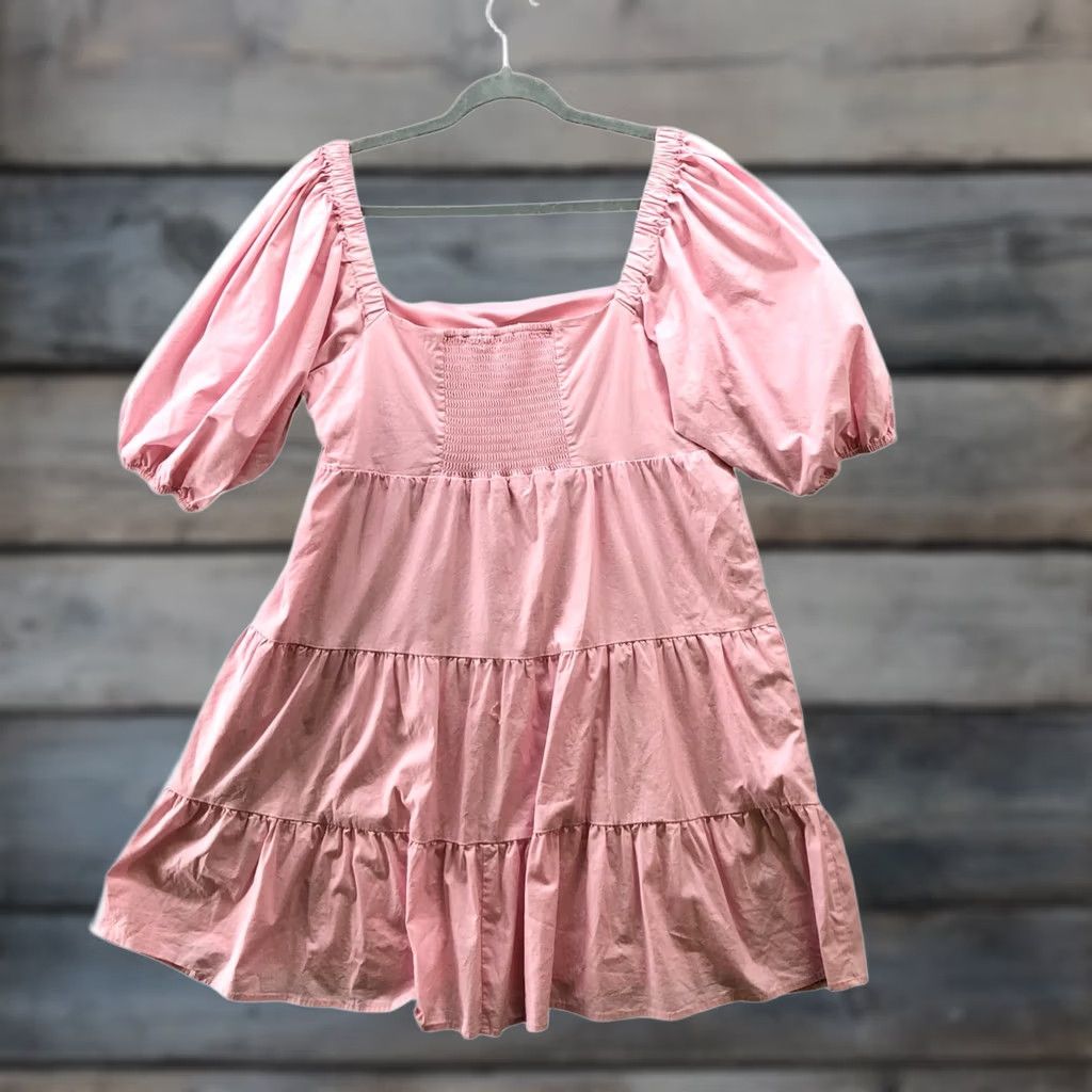 Vintage Wayf Square Neck Mini Dress Womens XL Pink Puff Sleeve Tiered Cotton Blend Smock Dress Size XL / US 12-14 / IT 48-50 - 1 Thumbnail