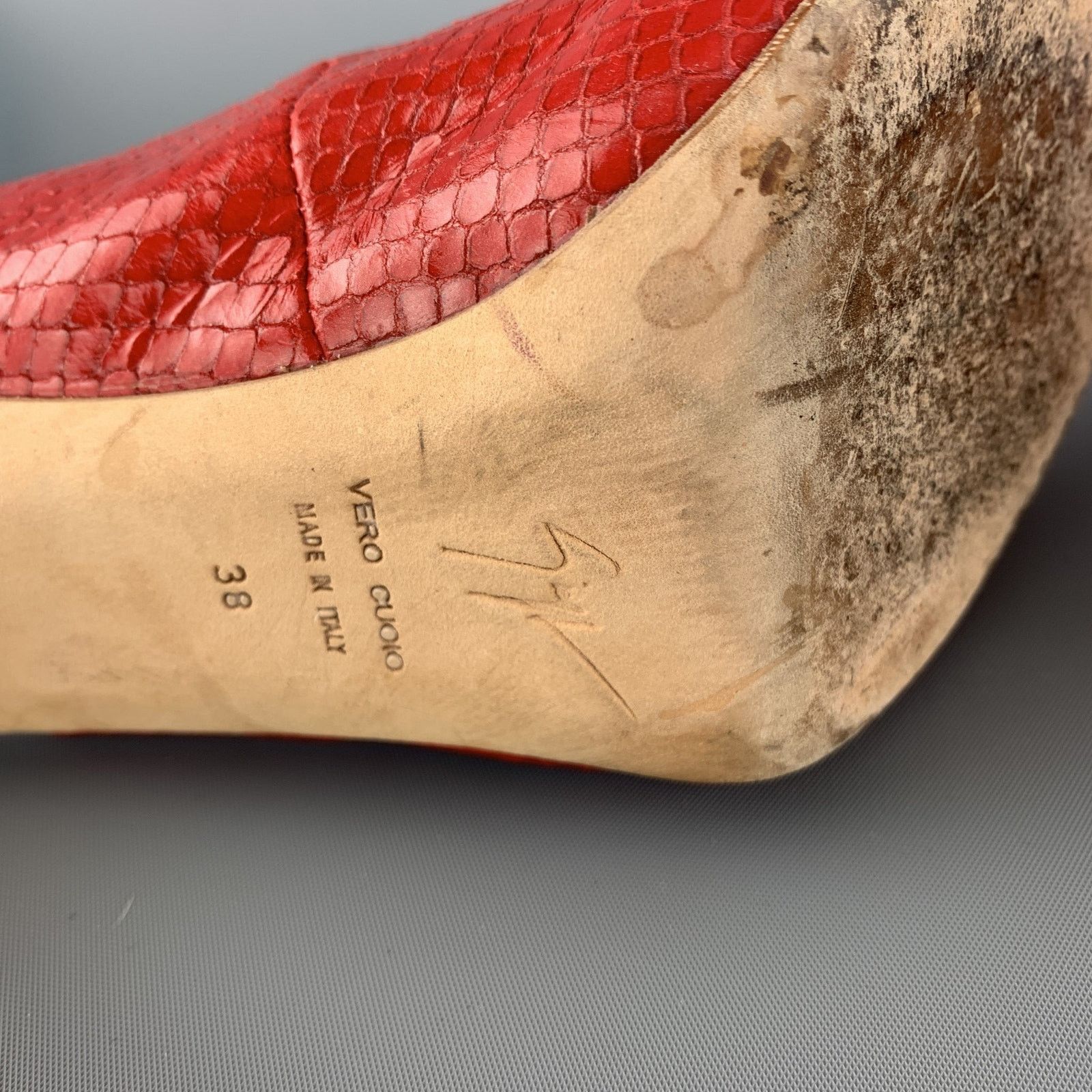 Giuseppe Zanotti 8 Red & Beige Snake Skin Slingback Peep Toe Pumps Size US 8 / IT 38 - 8 Thumbnail