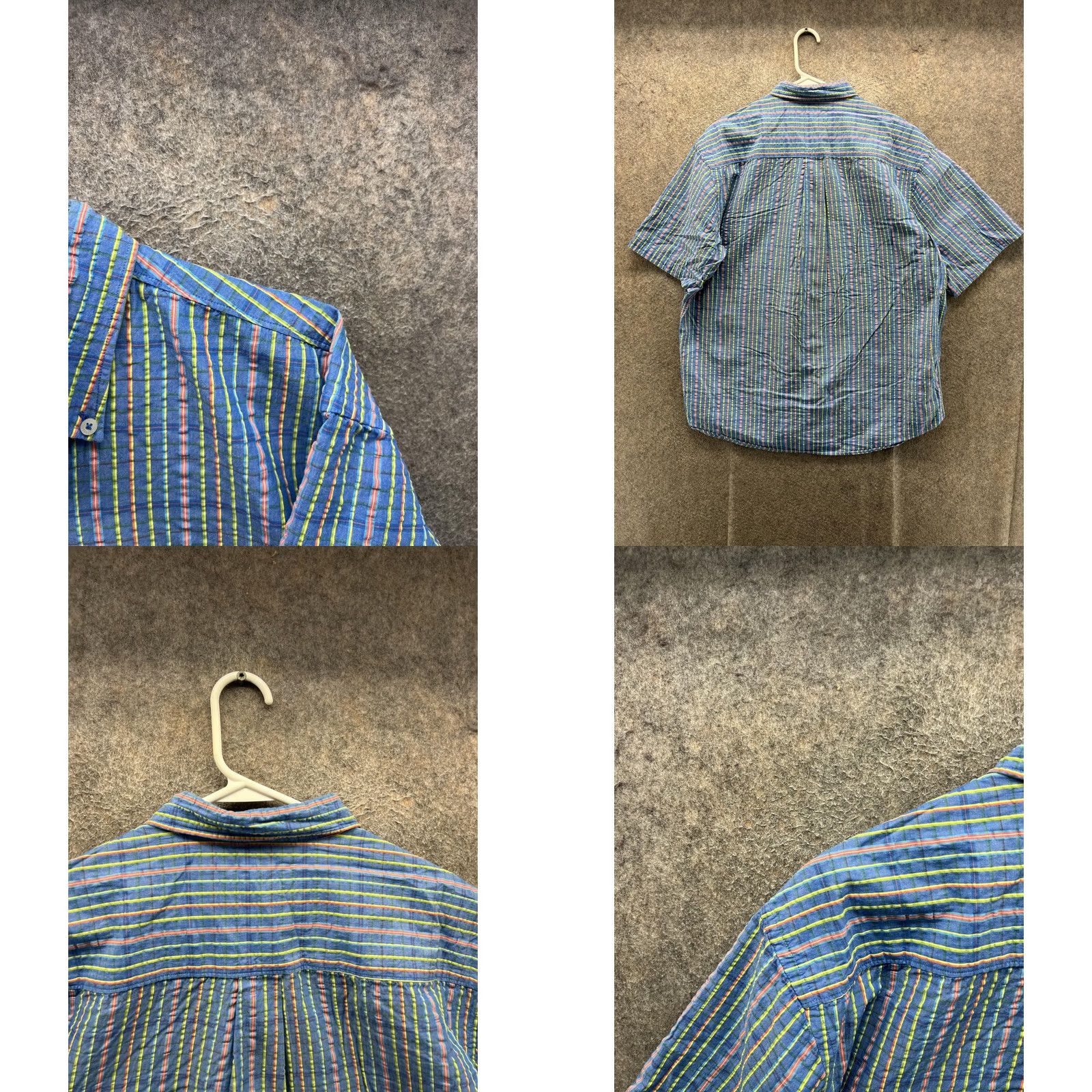 Vintage Alan Flusser Shirt Mens XL Blue Striped Short Sleeve Button Front Cotton Oxford Seersucker Casual Size US XL / EU 56 / 4 - 8 Thumbnail