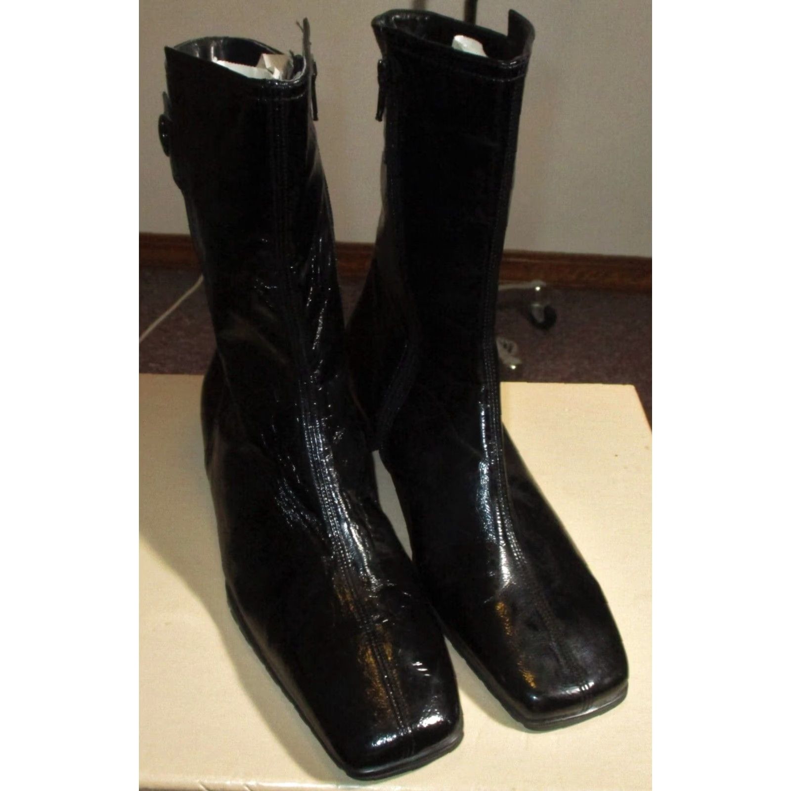 Vintage THERESIA M. Boots Shoes Black Faux Leather NWOT Size 4.5 Women Mid-Calf Zip Boot Heel 1.5" Square Toe Vintage No Size US 5 / IT 35 - 2 Thumbnail
