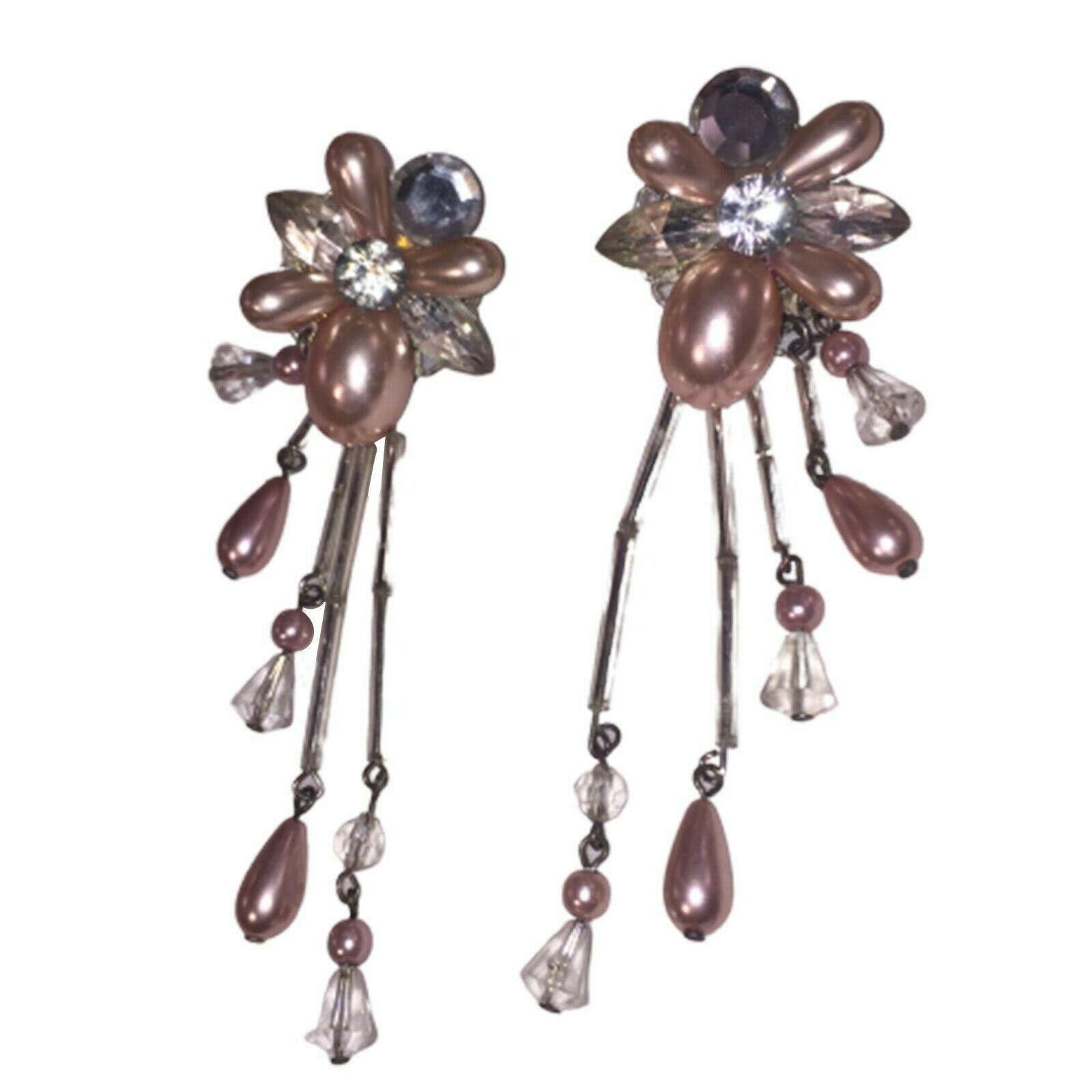 Handmade Hand Made Pink Pearl Rhinestone Dangle Chandelier Earrings Size ONE SIZE - 2 Thumbnail