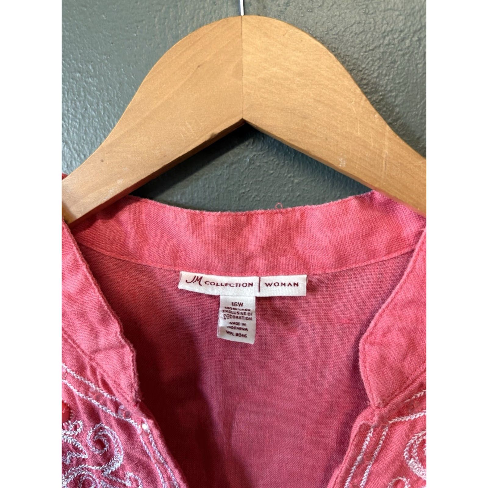 JM Collection JM Collection Womens Blouse Linen Pink 16W Long Sleeve Pullover Size XXL / US 16-18 / IT 52-54 - 3 Thumbnail