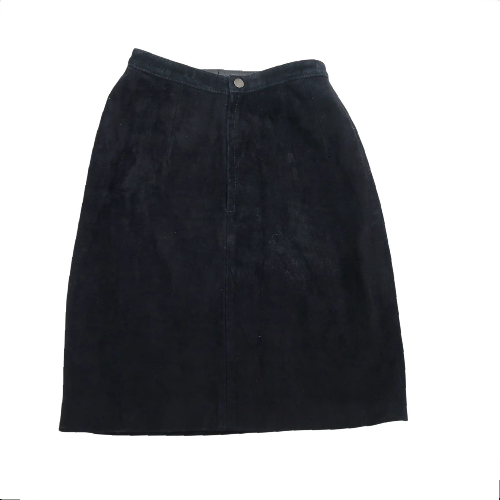 Vintage VINTAGE 80s Black Suede Leather High Rise Knee Length Skirt XS Regular Women Knee Length Solid Pattern Zip Snap Button Closure 20" Length Size 26" / US 2 / IT 38 - 3 Thumbnail