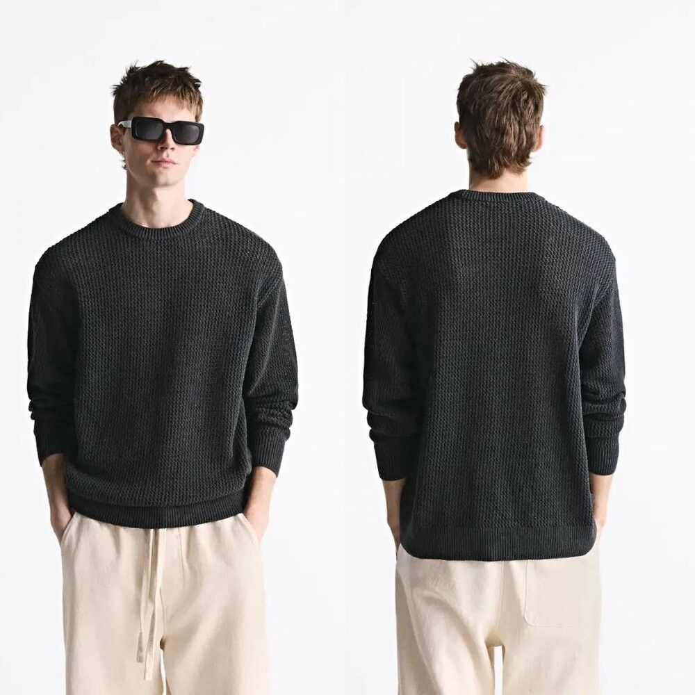 Zara NWt New ZARA Cotton Weave Textured Dark Grey Sweater Size M Size US M / EU 48-50 / 2 - 1 Thumbnail