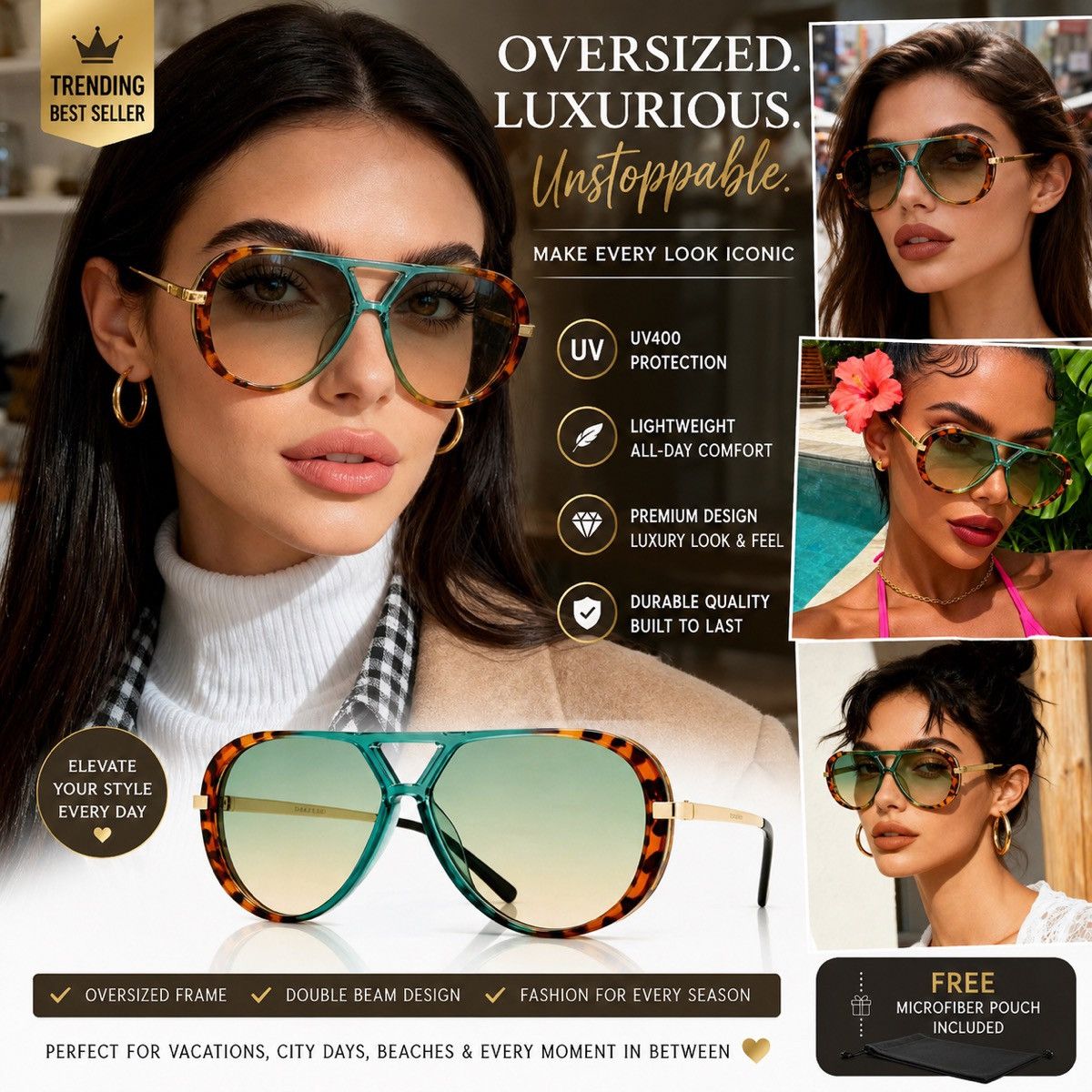 Other Oversized Tortoise Sunglasses Women Double Beam Metal Frame Size ONE SIZE - 9 Thumbnail