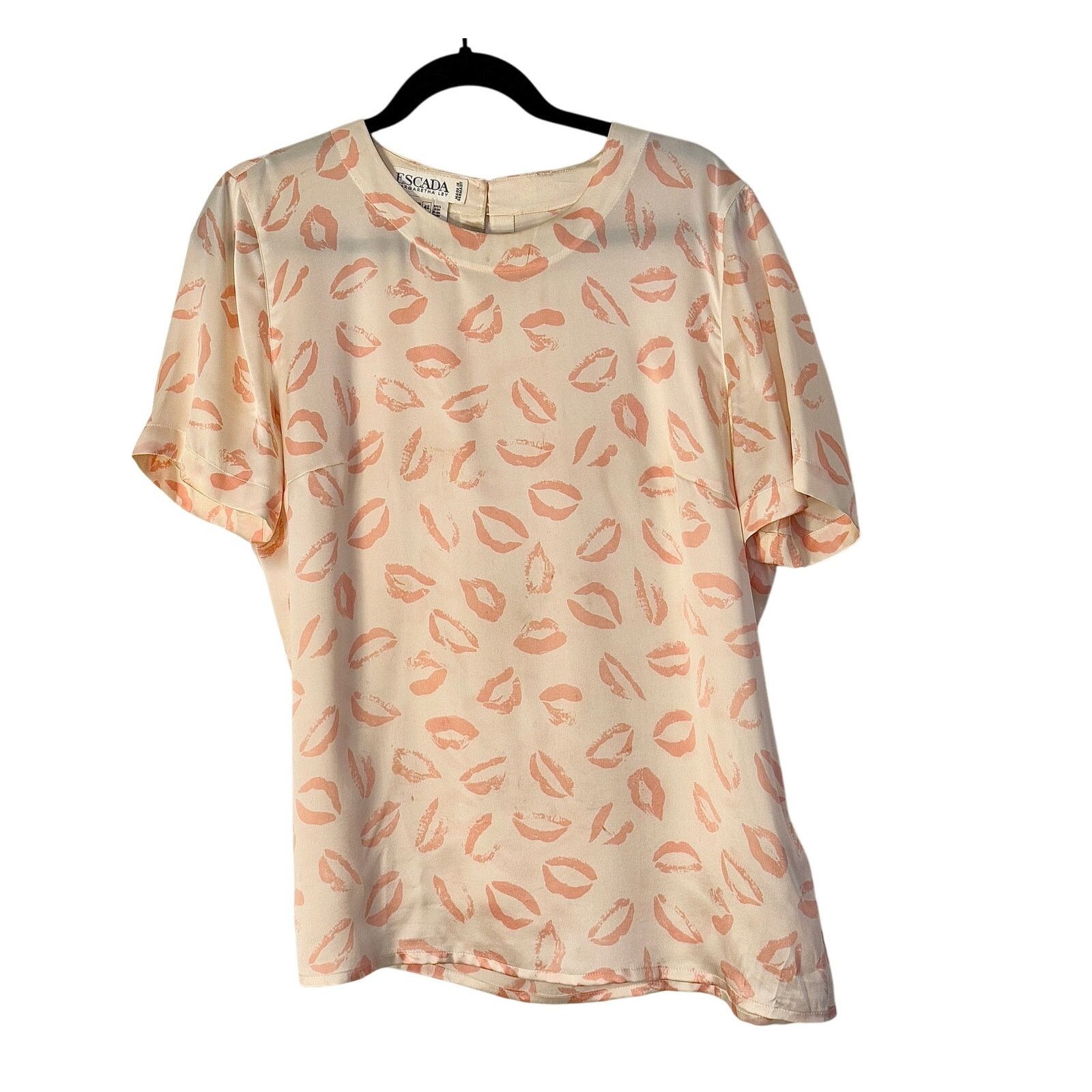 Escada Vintage Escada Cream Pink Silk Lipstick Print T-Shirt Blouse Size L / US 10 / IT 46 - 1 Thumbnail