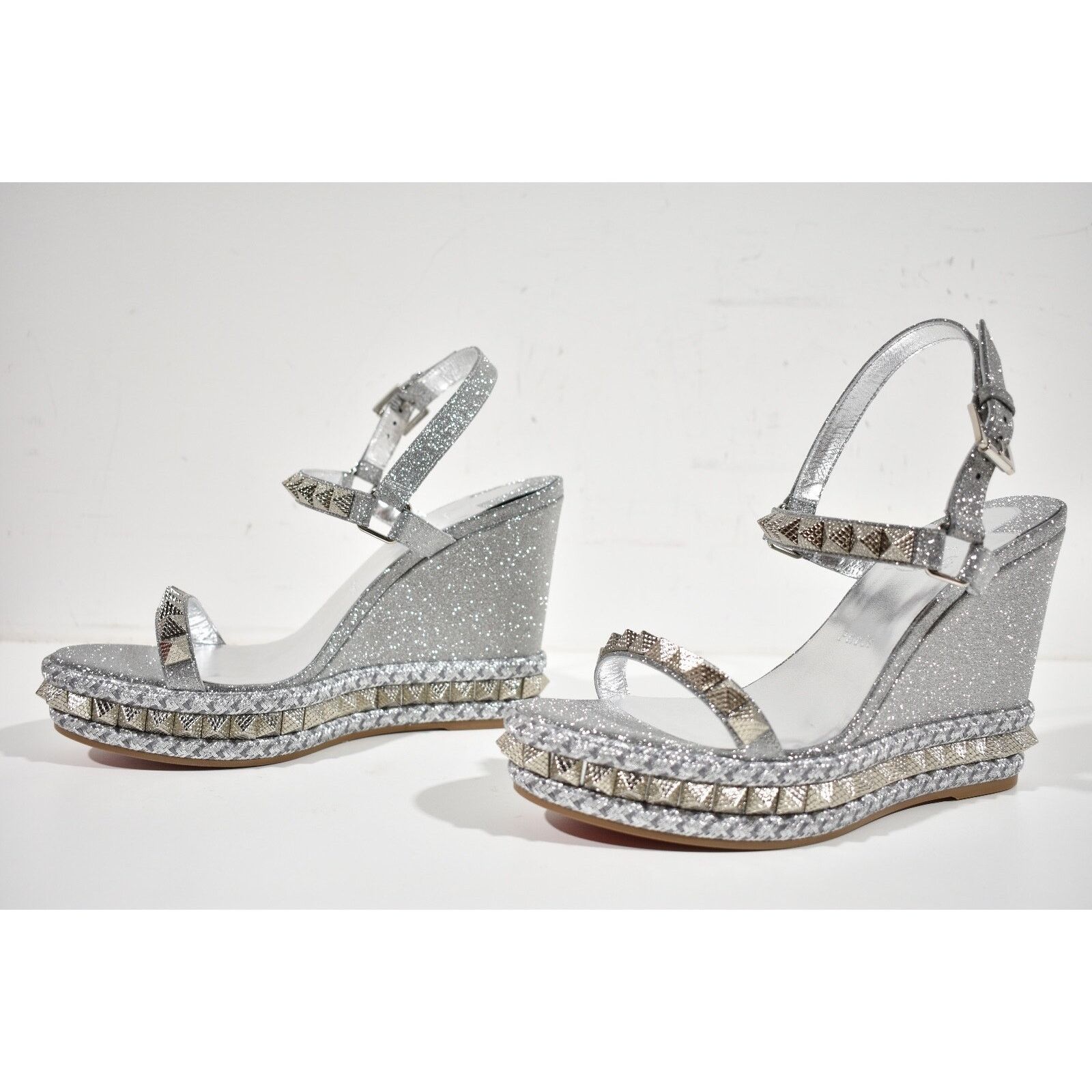 Christian Louboutin Pyraclou 110 Silver Glitter Platform Wedge Sandal Heel 37 Size US 7 / IT 37 - 10 Thumbnail