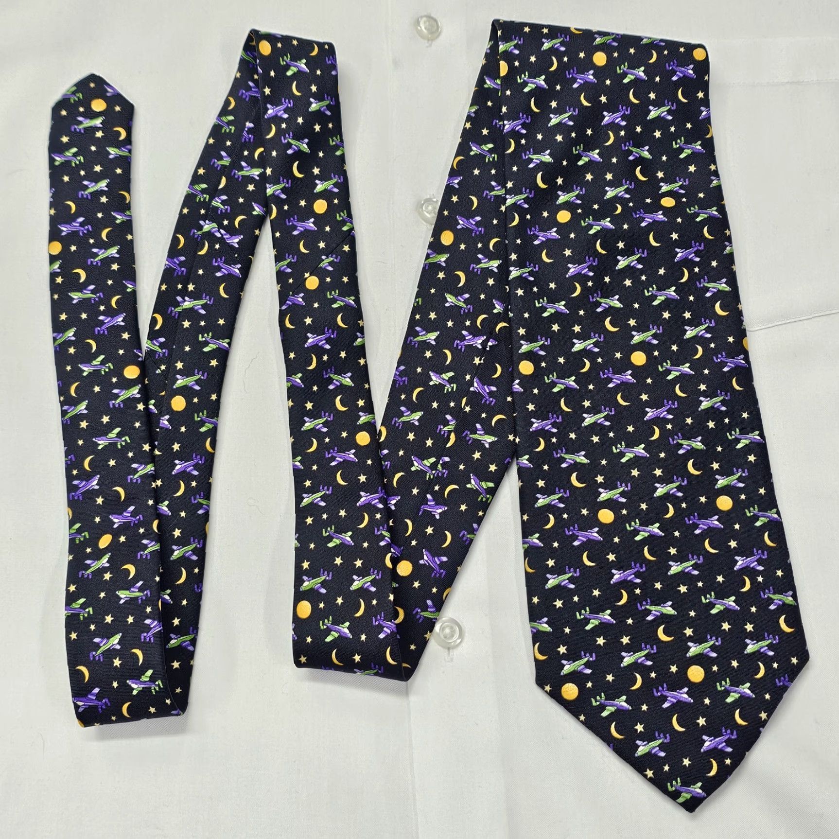 Robert Talbott Robert Talbott Silk Necktie Men's Airplane Black Purple Green Gold Moon Stars 58" X 4" Multicolor Night Sky Abstract Aerospace Designer Tie Mens Size ONE SIZE - 3 Thumbnail