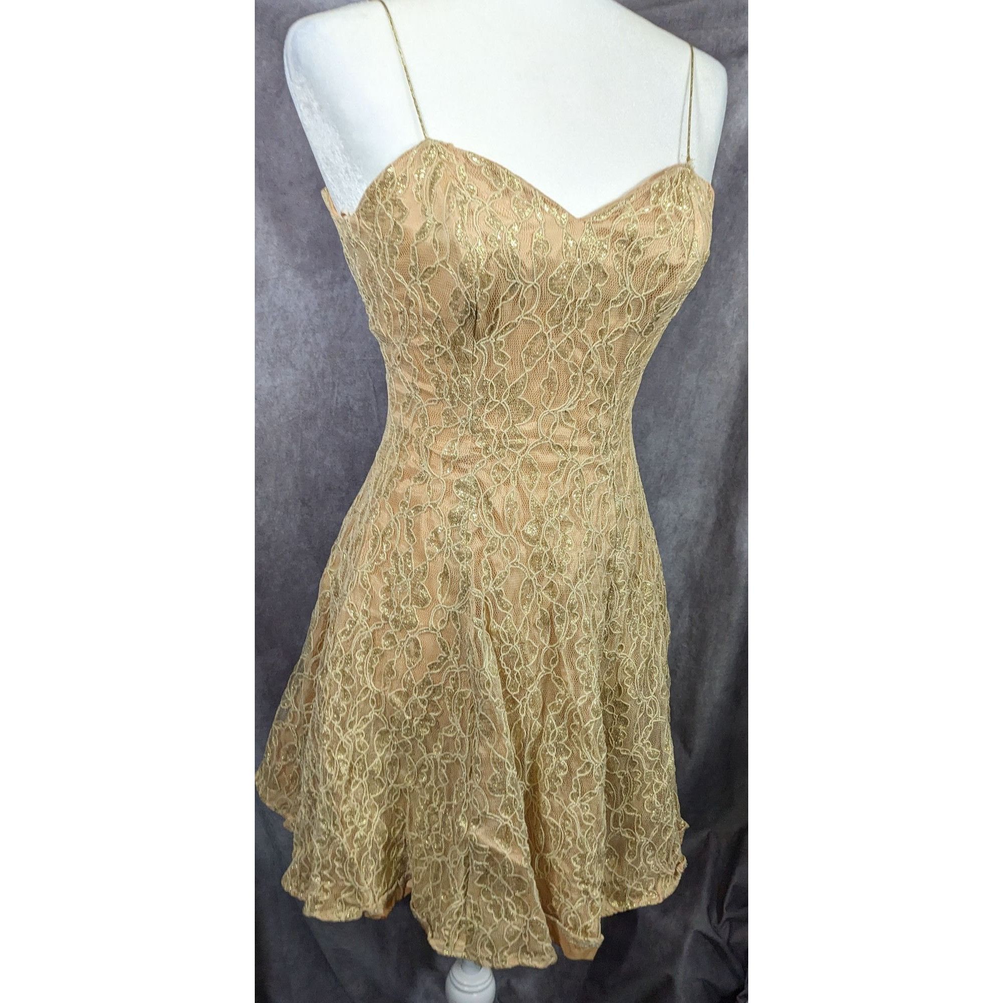 Other Vintage 90s Frederick's Of Holly Wood Gold Lace Dress Size S / US 4 / IT 40 - 10 Thumbnail