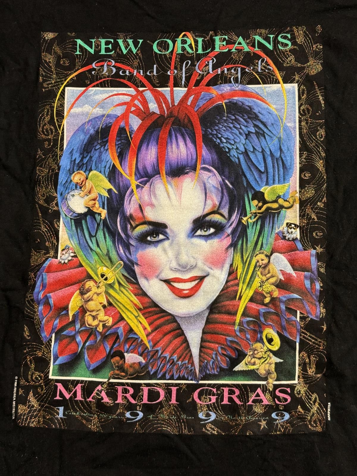 Fruit Of The Loom Vintage Mardi Gras T-shirt 1999 Band of Angels Glitter - M Size US M / EU 48-50 / 2 - 3 Thumbnail