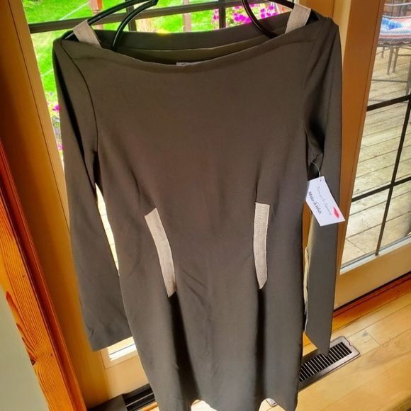 Designer Amy Matto New York Army Green & Cream Long Sleeve Sz. 8 Dres Size M / US 6-8 / IT 42-44 - 1 Thumbnail