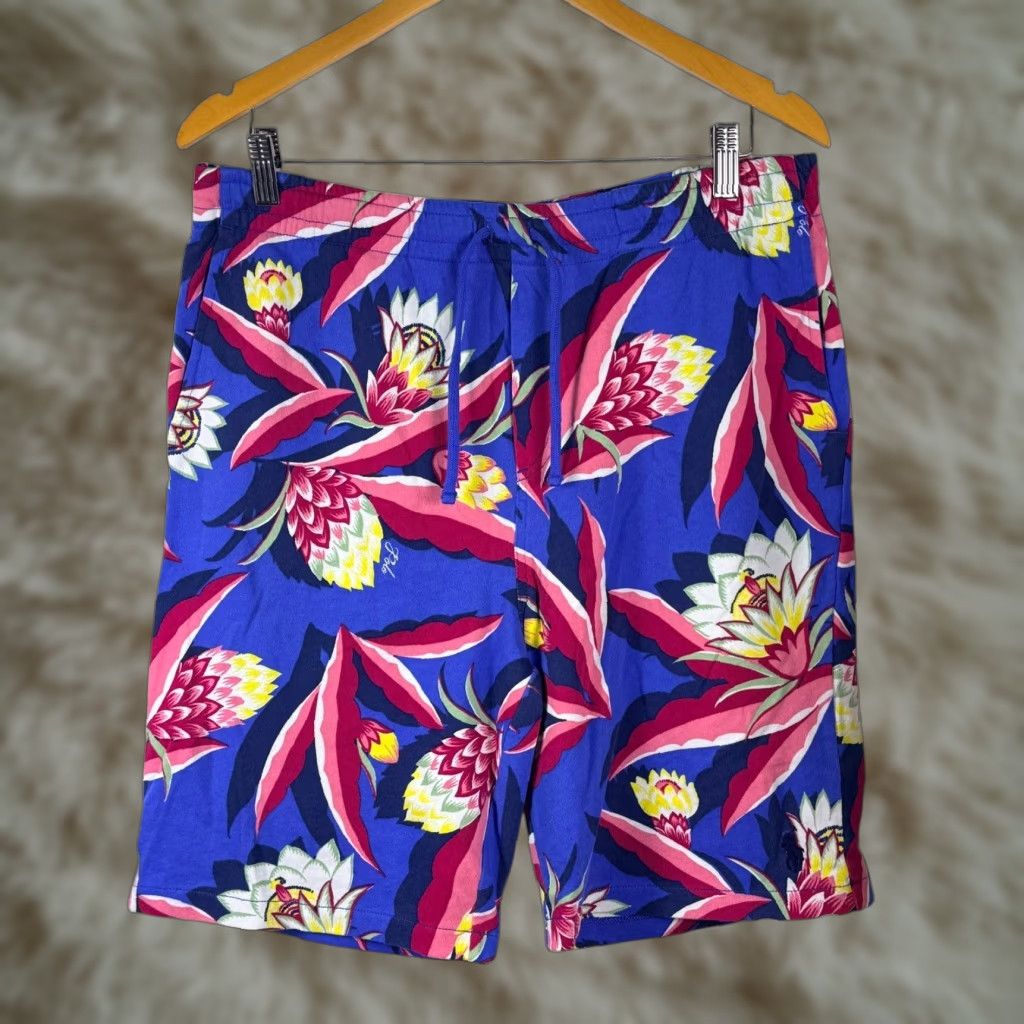 Polo Ralph Lauren Shorts Mens Medium Blue Tropical Floral Terry Cloth 9in Inseam