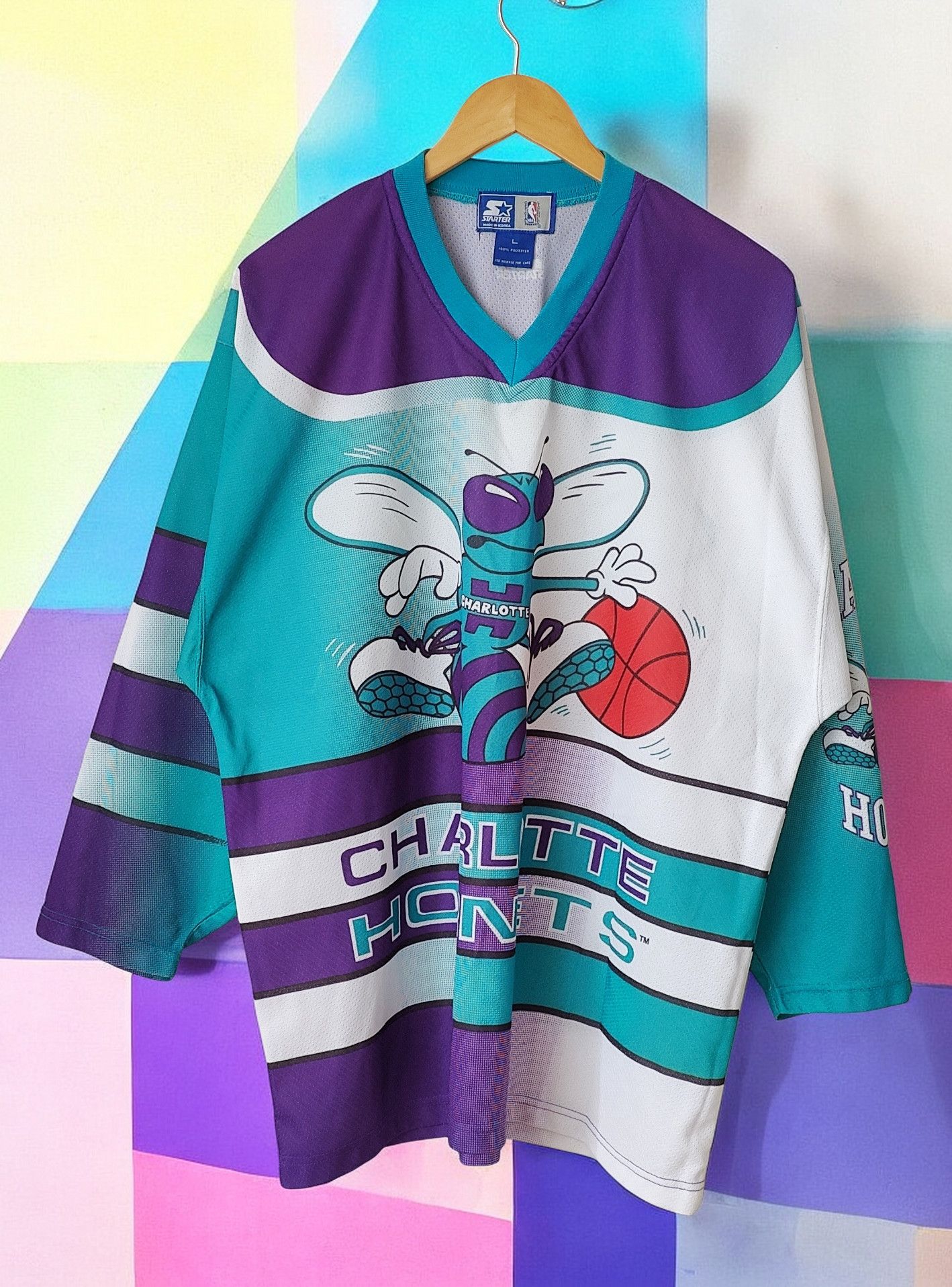 Starter RARE Charlotte Hornets Starter Vintage 90s Full Print Jersey Size US L / EU 52-54 / 3 - 1 Thumbnail