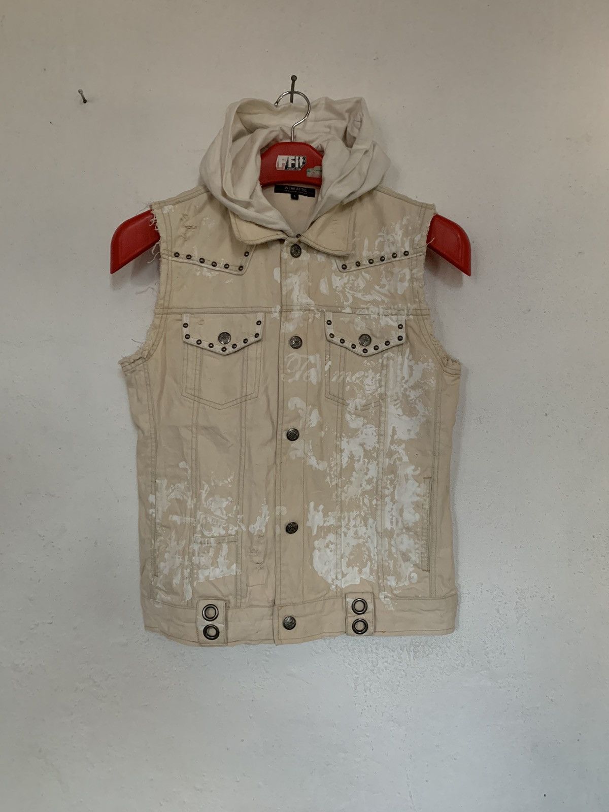 image of In The Attic Vest Hoodie Distressed Design in Cream, Men's (Size Large)