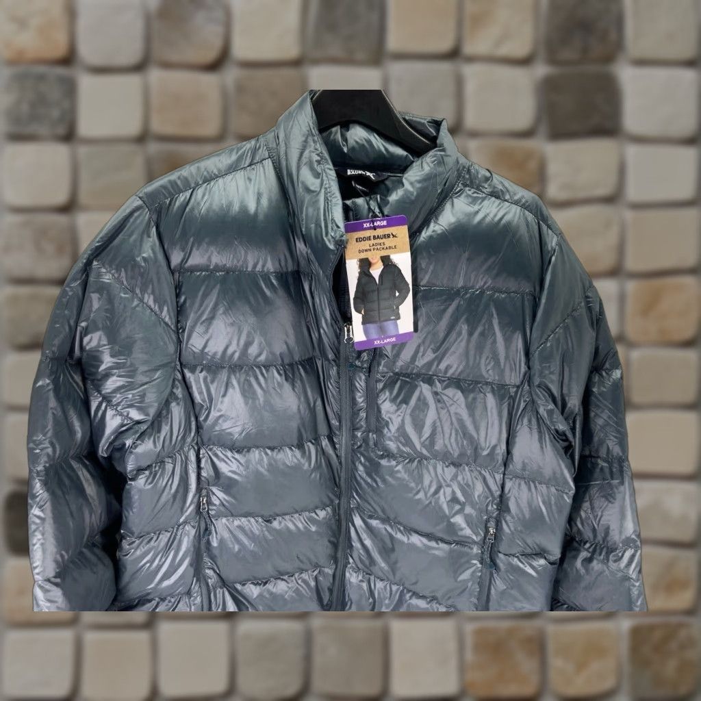 Eddie Bauer Down Puffer Jacket Coat Women 2XL Blue Packable Full Zip NWT Green Nylon Coat