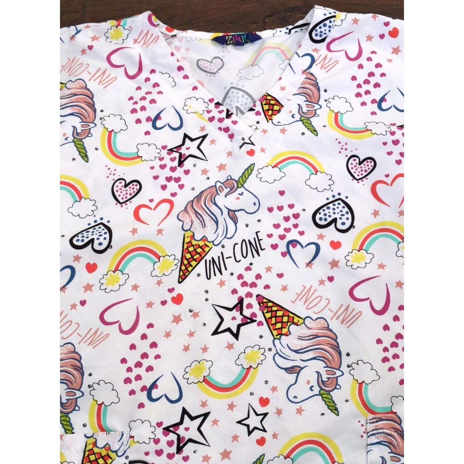 Rainbow Zikit Scrub Top Womens Size S Rainbow Unicorns Hearts Patterned Cotton Blend Multicolor Women Scrub Top Size S / US 4 / IT 40 - 2 Thumbnail