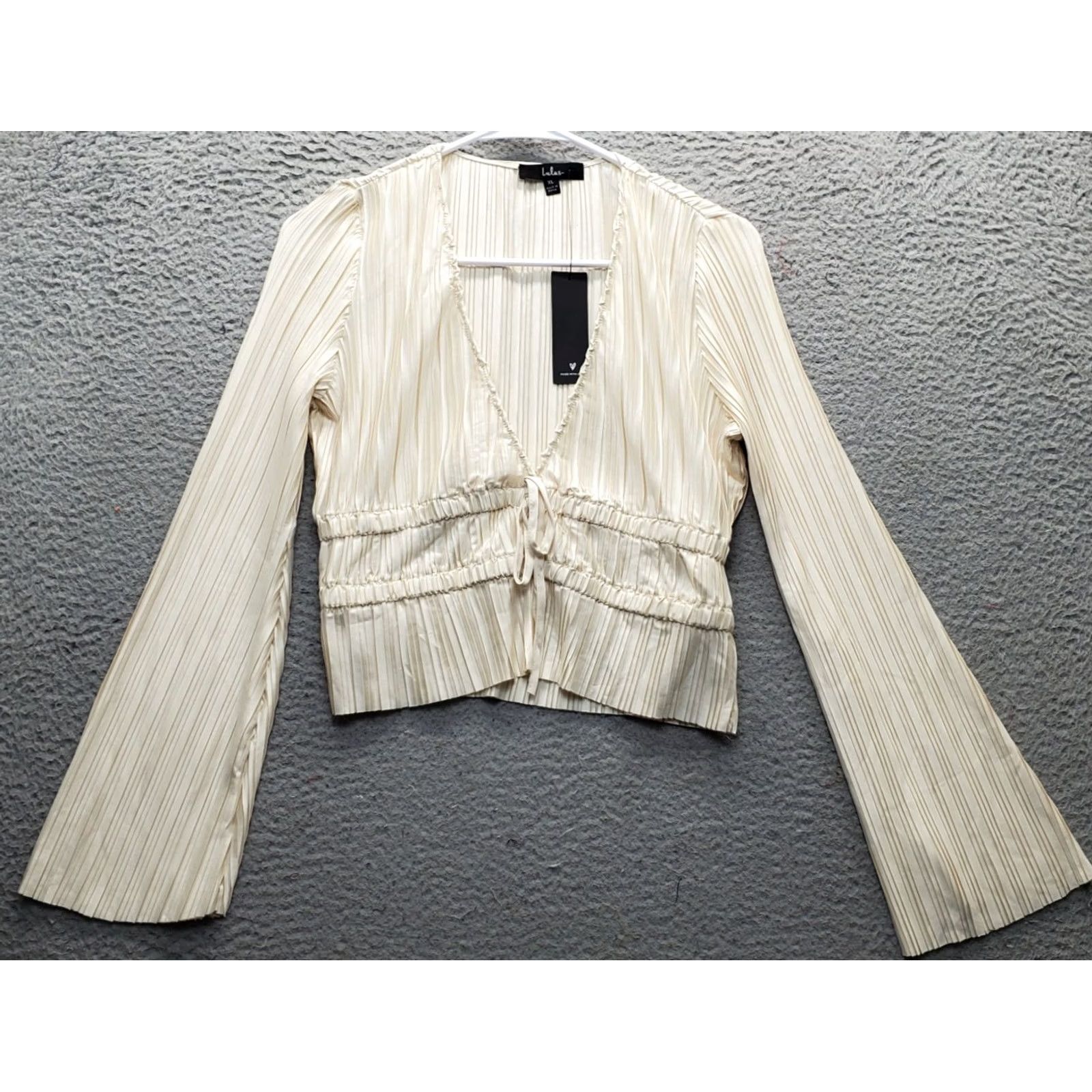 Lulus Lulus Crop Blouse Womens XL Tan Ribbed Smocked Long Sleeve Tie Waist Deep V-Neck Blouse Size XL / US 12-14 / IT 48-50 - 2 Thumbnail