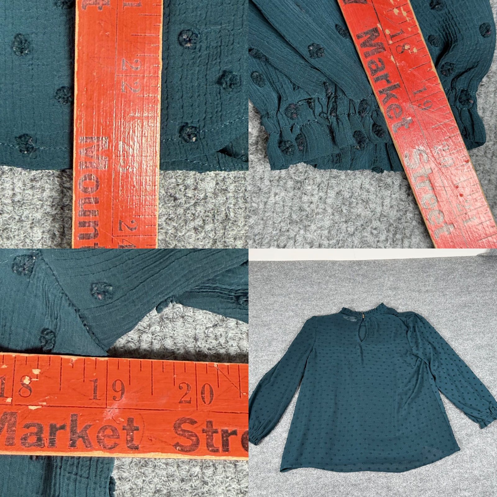 Vintage LUQ Blouse Geometric Swiss Dot Mock Neck Keyhole Back Long Puff Sleeve Smocked Ruffle Button Green Women Adult S Tunic Geometric Pattern, Teal Size S / US 4 / IT 40 - 8 Thumbnail