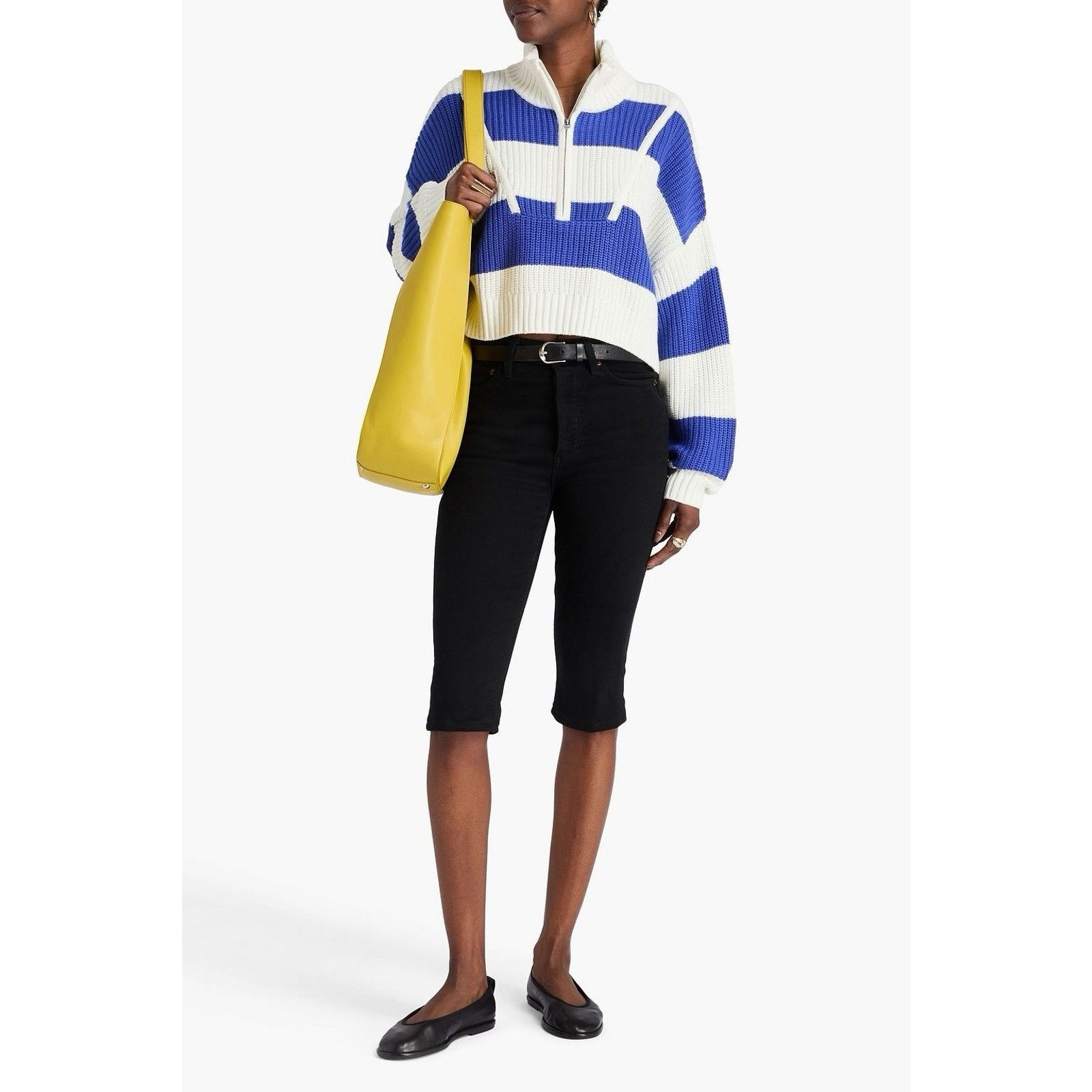 Staud STAUDE Blue Striped Quarter Zip Ribbed Cotton Blend Sweater Size M / US 6-8 / IT 42-44 - 2 Thumbnail