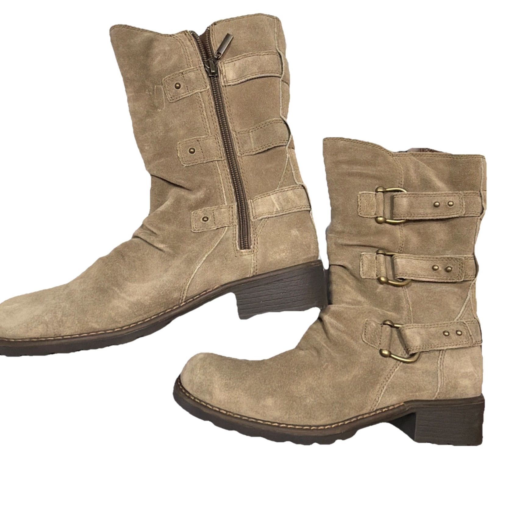 Clarks Boots Mid Calf Tan Suede Leather Side Zip 3 Strap Buckles 60935 Womens Size 8M