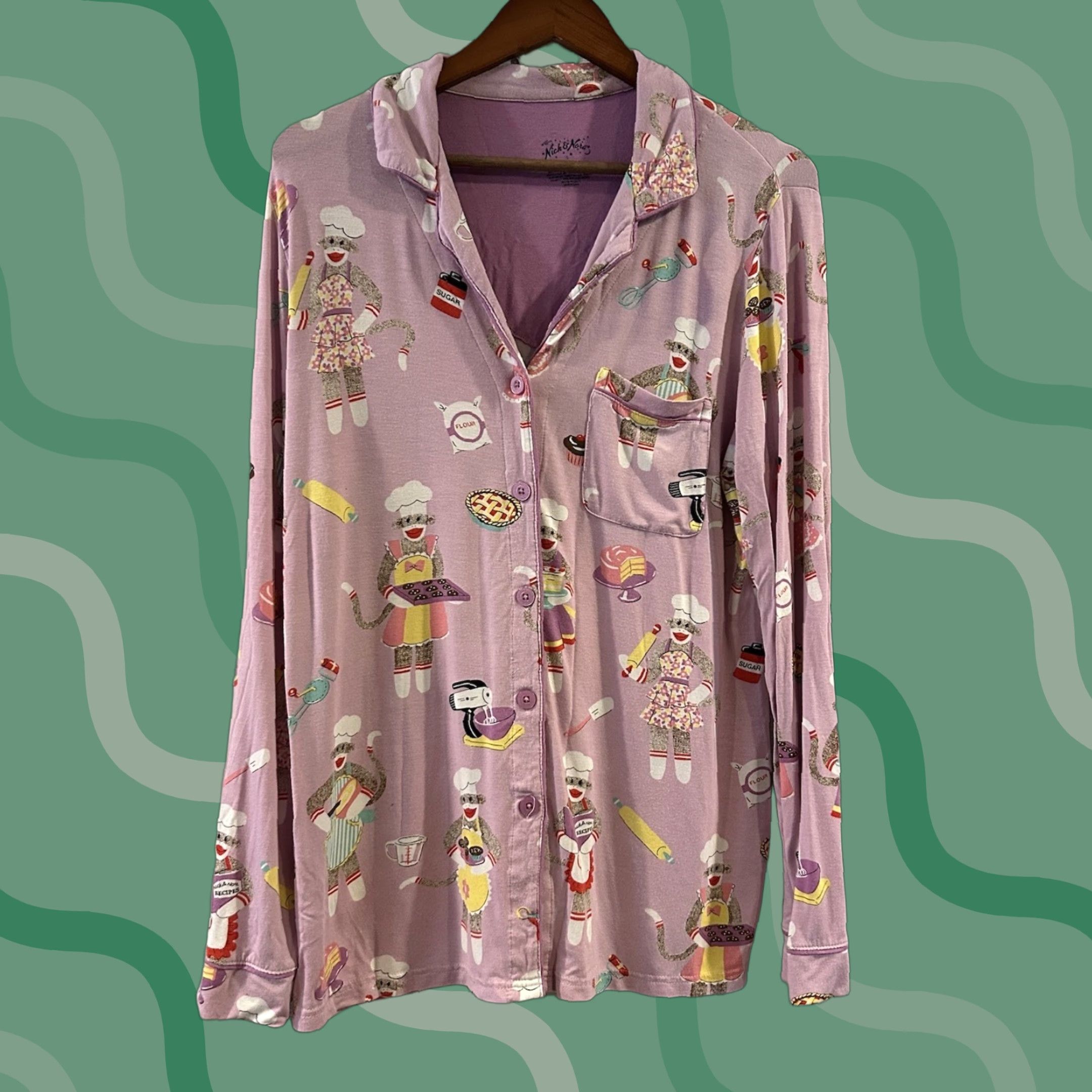 Vintage Nick & Nora Pajama Set Sock Monkey Baker 2 Pc Top Bottom PJs Size Large Size L / US 10 / IT 46 - 1 Thumbnail