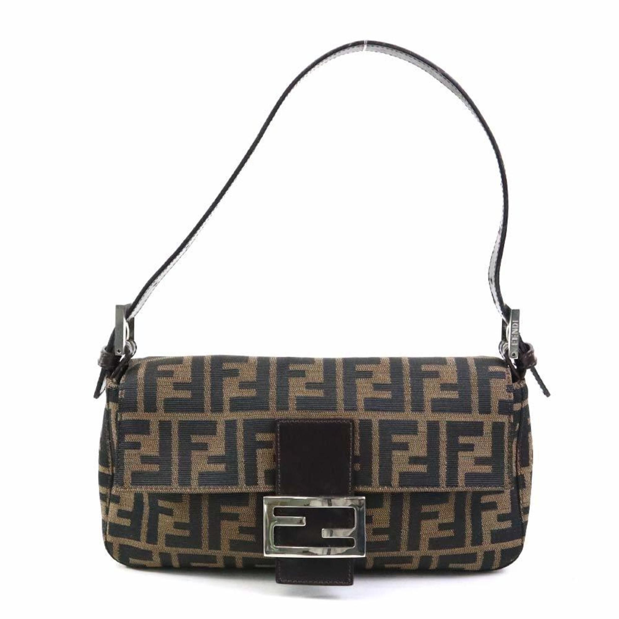 Fendi Shoulder Bag Zucca Baguette Canvas Leather Brown Silver Women's E60374G