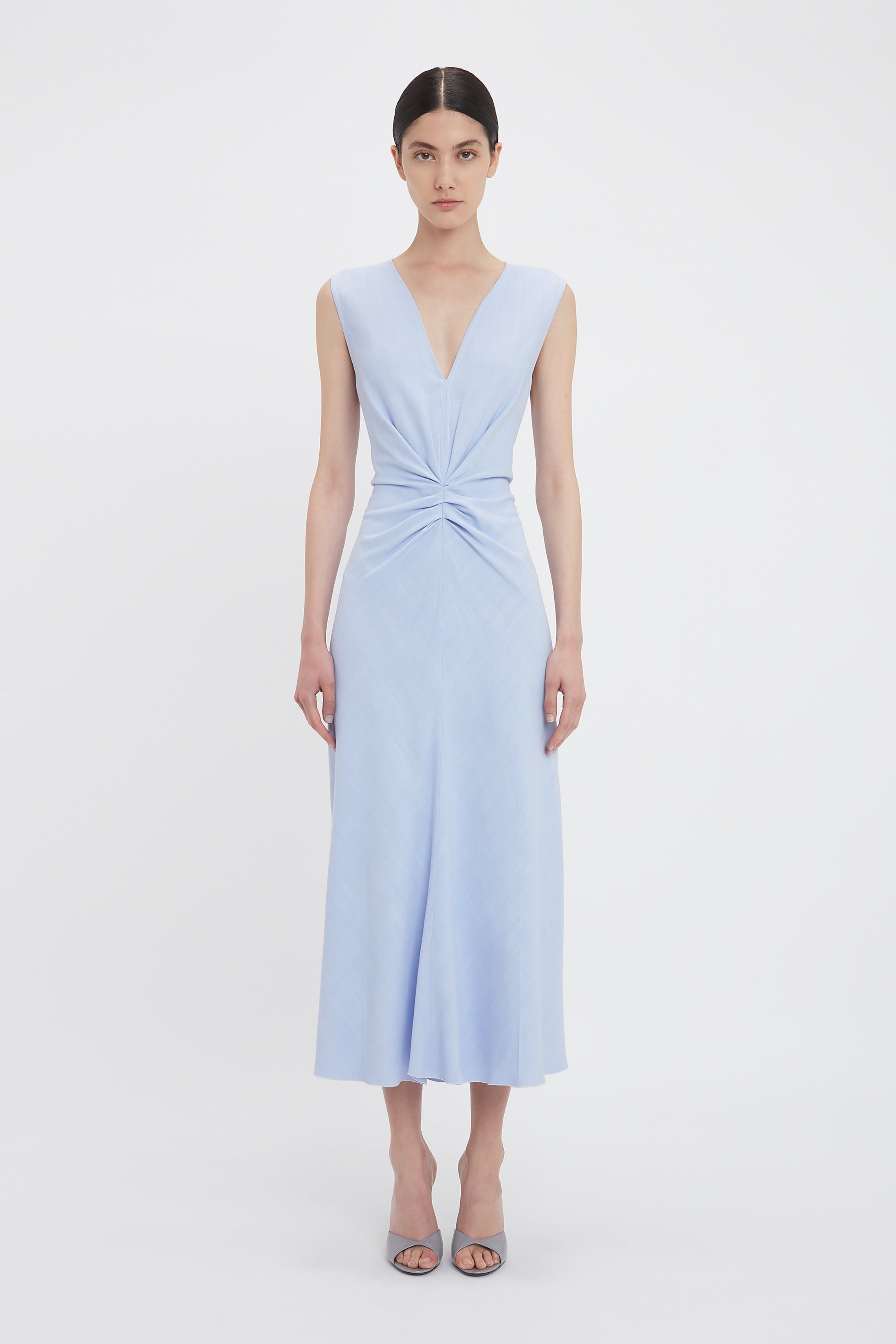 Victoria Beckham o1mle0525 Sleeveless Gathered Waist Midi Dress In Frost Blue Size M / US 6-8 / IT 42-44 - 2 Thumbnail