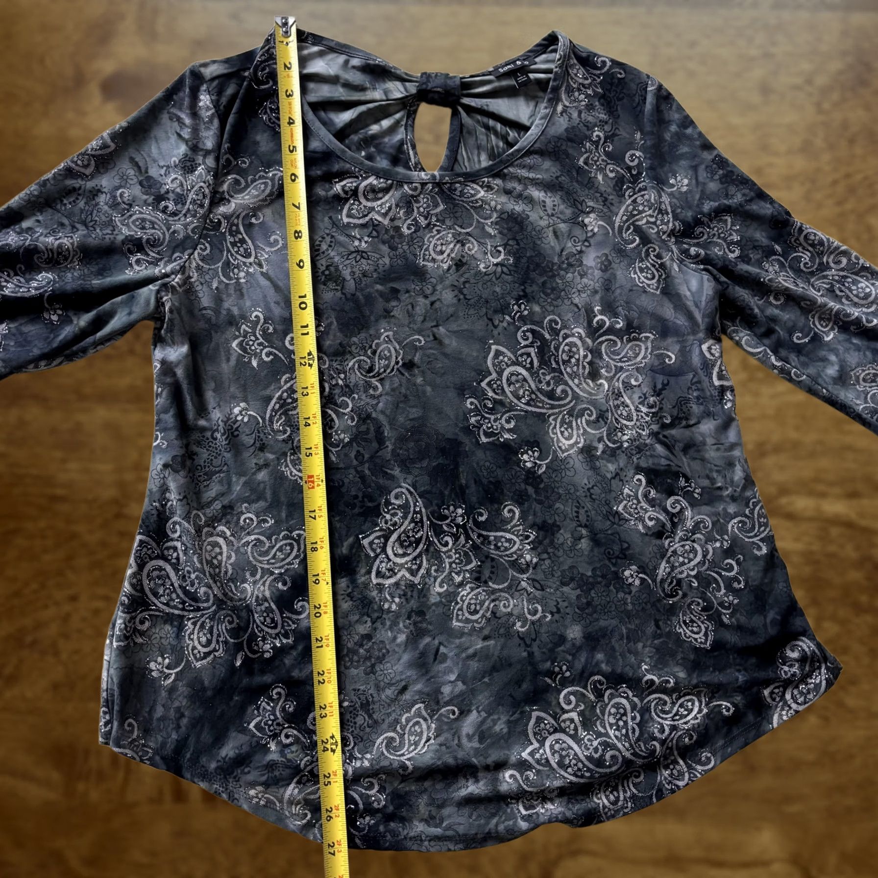 Vintage Sami & Jo Blouse Womens Large Gray Paisley Scoop Neck 3/4 Sleeve Stretch Top Size L / US 10 / IT 46 - 1 Thumbnail