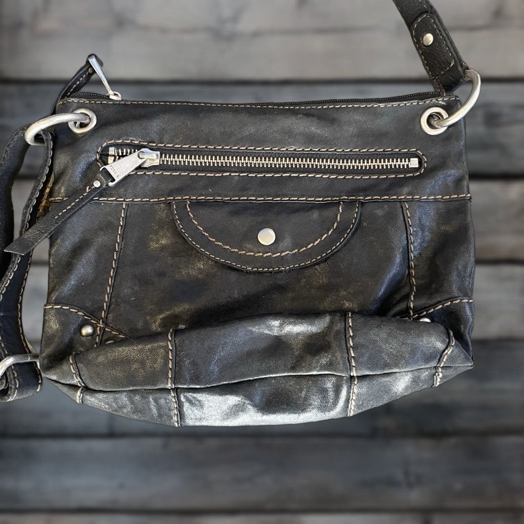 Vintage Fossil Liberty Bag Shoulder Bag Black Leather Long Live Vintage Purse Shimmer, Women's